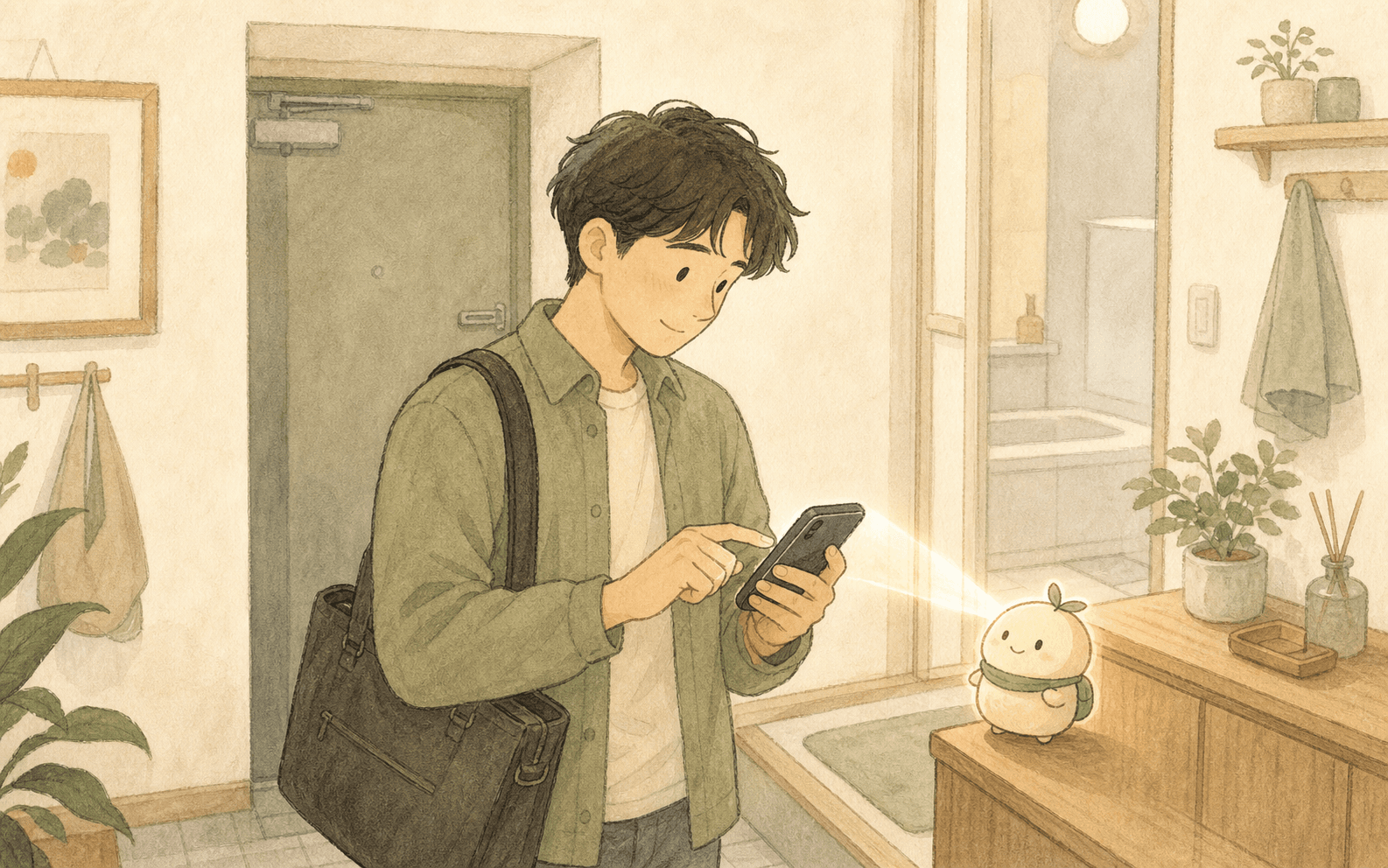 頼まれた直後にスマートフォンへ予定を預け、小さな相棒がやさしく受け取っている夫の手描きイラスト